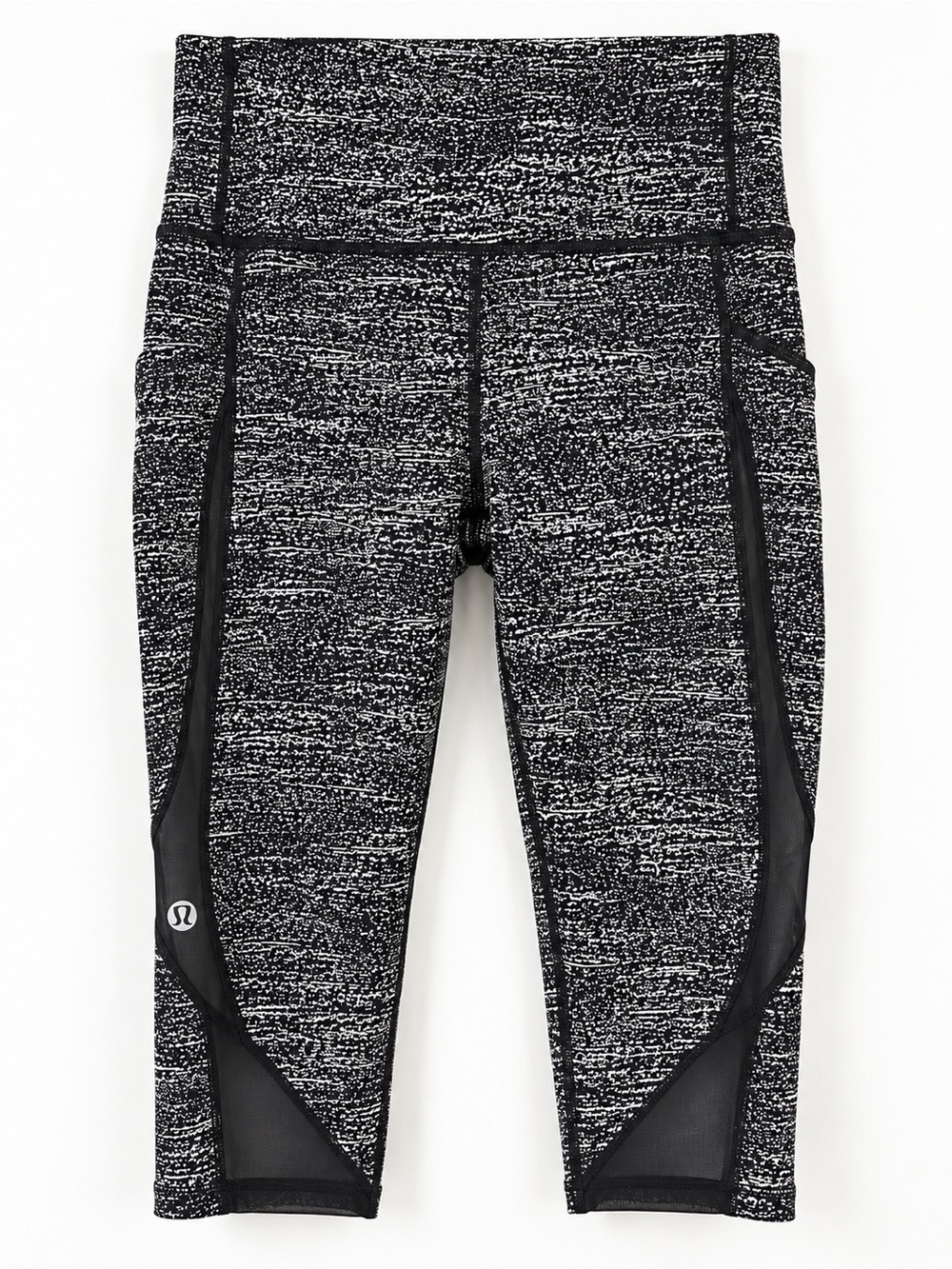 Lululemon Mesh Panel Crop Leggings 8 Black White Print Side Pockets Running